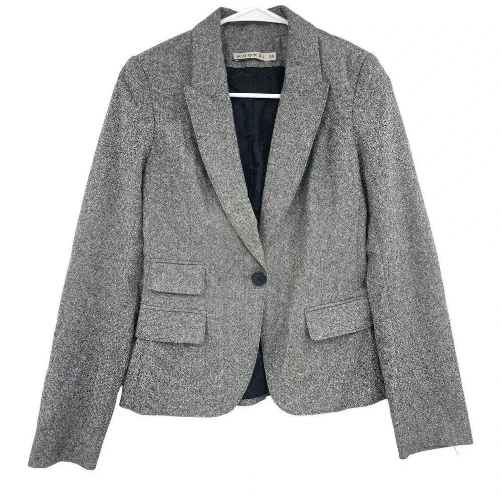Kookai Women's Tweed Blazer Gray Wool Blend Elbow Herringbone Patches Size EU 34